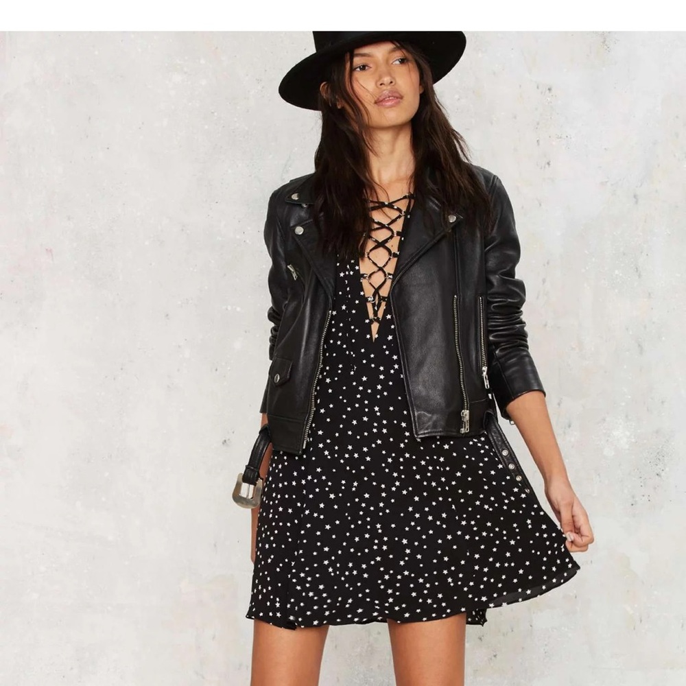 WYLDR Revolve Black Star Print HAYLEY Mini Dress Size S V-Neck Lace Up